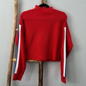 H&M Divided Red Turtleneck Sweater with Blue/White Striped Sleeves